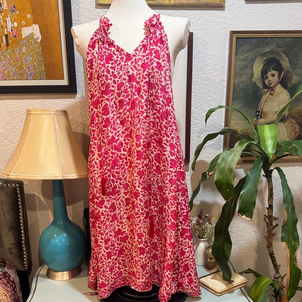 100% Silk Natalie Martin Pink Floral Halter Dress